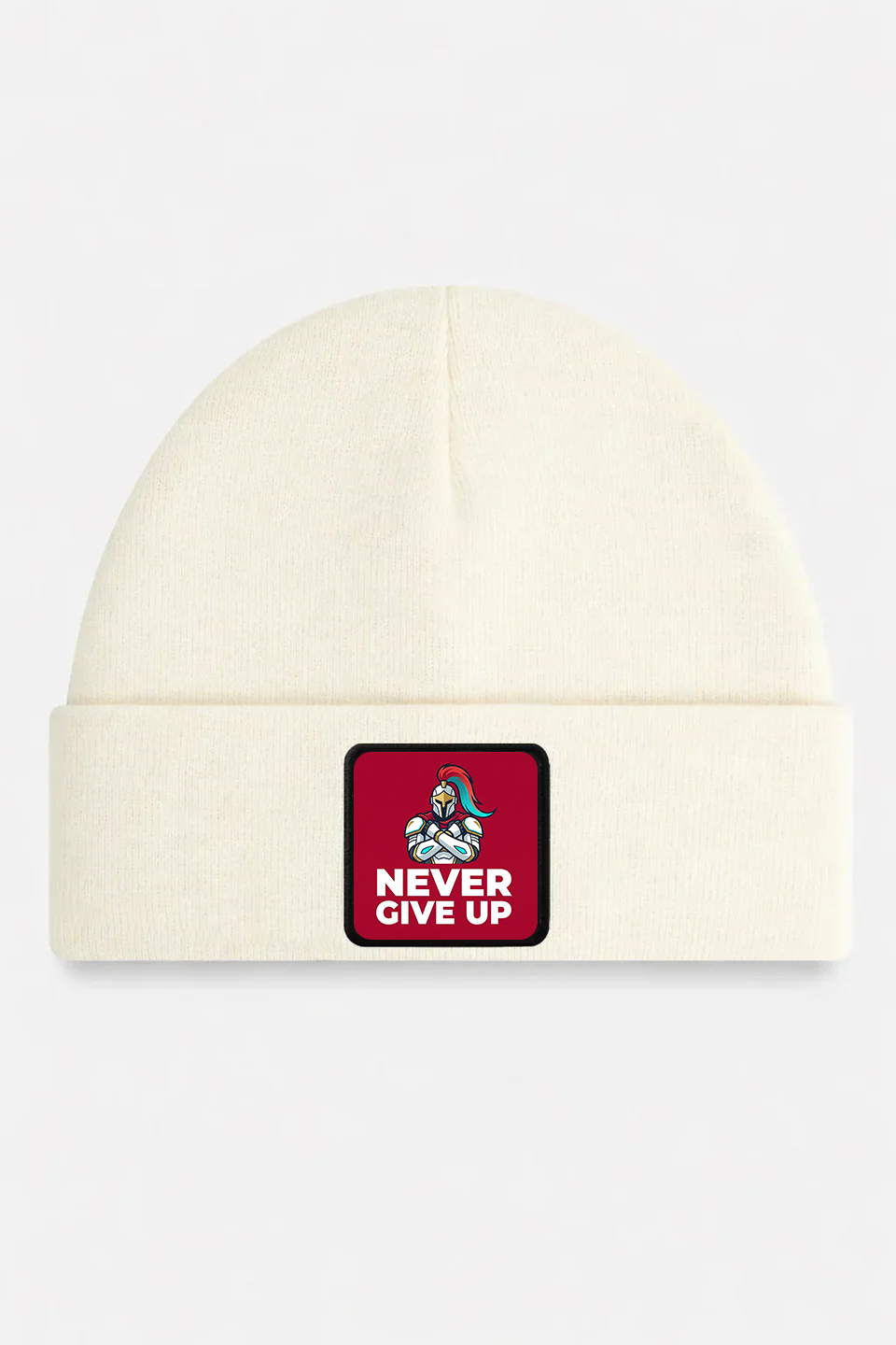 Off White Beanie with Never Give Up Logo